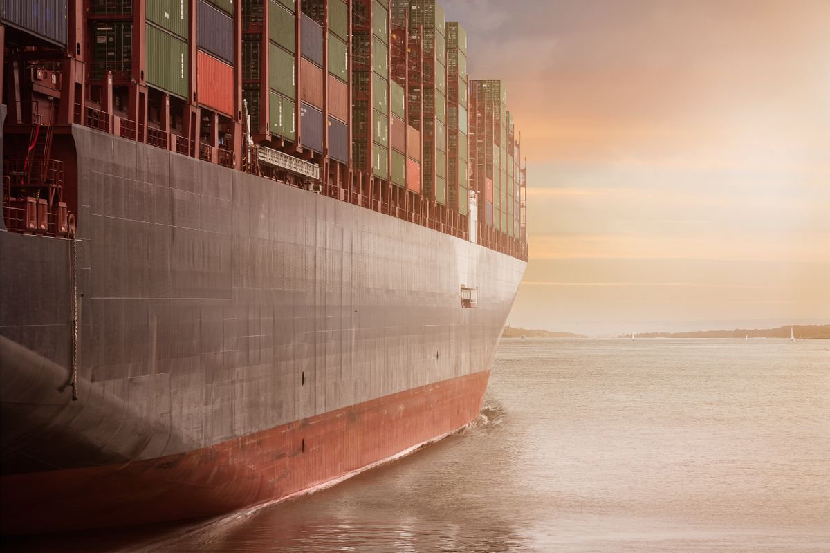 Container ship at sea on the Philippines to Vietnam route