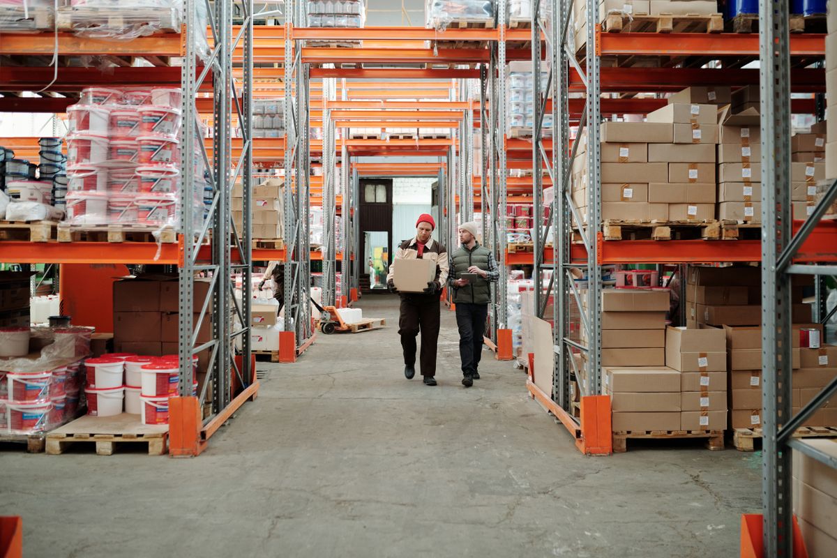 Racked inventory inside a distribution warehouse